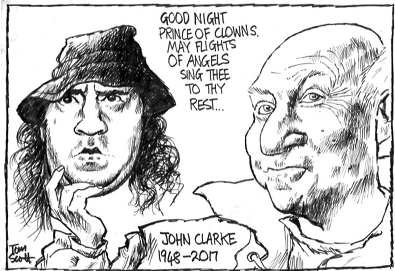 Hero image for Tom Scott cartoon - John Clarke, 1948 - 2017