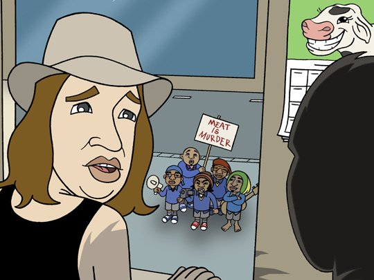 Fred-Dagg-looking-at-protestors_bro_Town_A-Vegetarian-at-my-Table.jpg