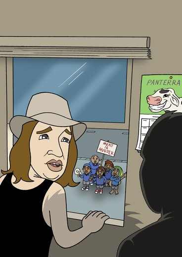 Fred_Dagg_looking_at_protesters__bro_Town_-_A_Vegetarian_at_My_Table_.jpg